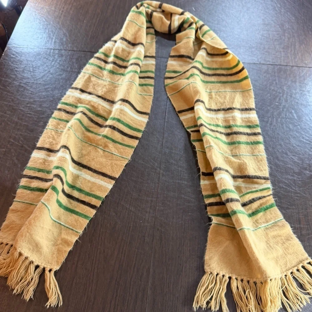 Vintage W H Block Striped Tan and Green Scarf with Fringe 79” x 11”